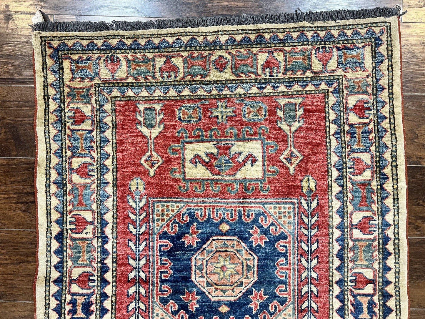 Turkish Kazak Rug 3x4, Wool Hand Knotted Small Vintage Carpet, Red Navy Blue, 3 x 4 Oriental Rug, Geometric Design - Nuvé