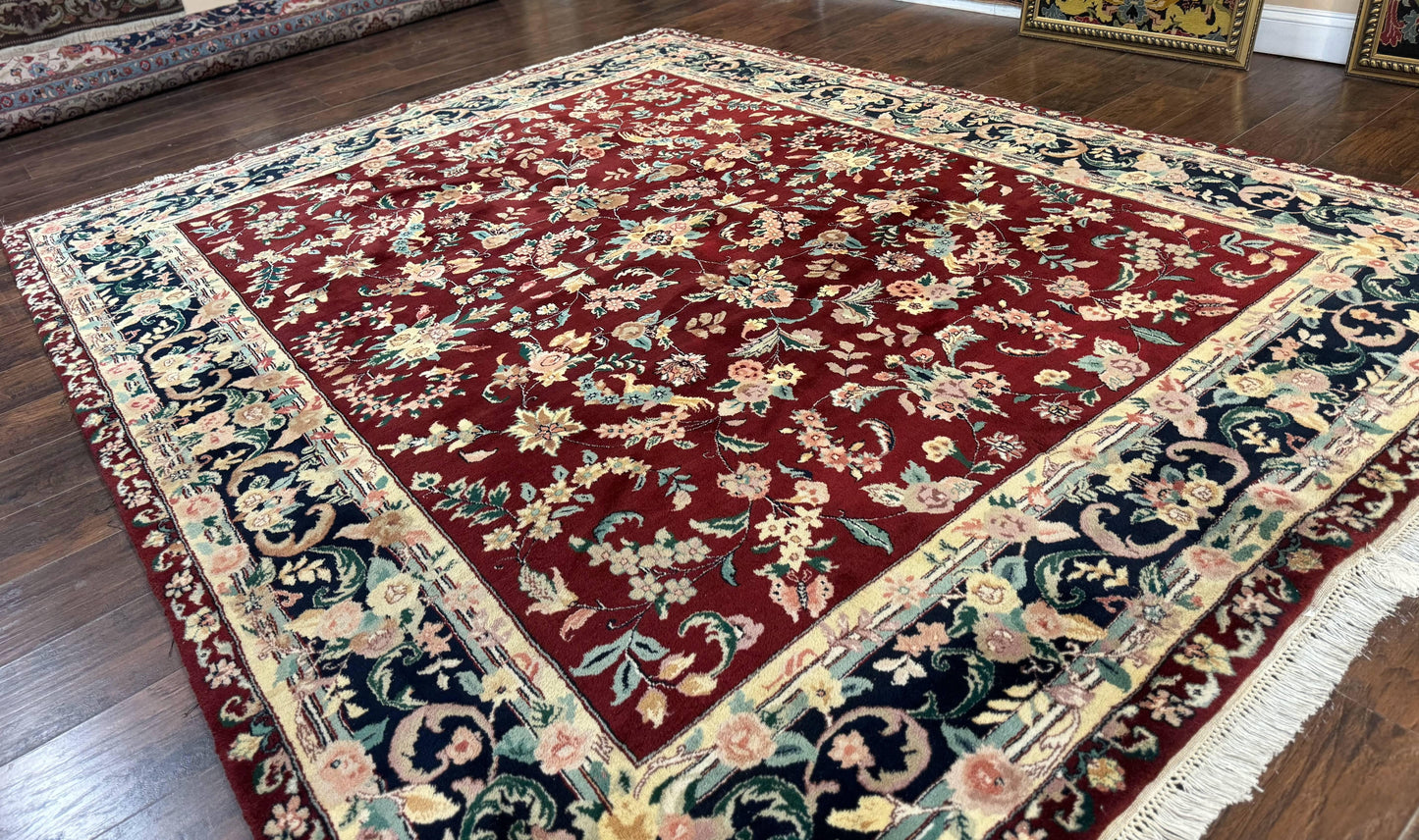 Indo Persian Rug 8x10, Floral Allover with Bird Pictorials, Maroon and Navy Blue, Handmade Wool Area Rug - Nuvé