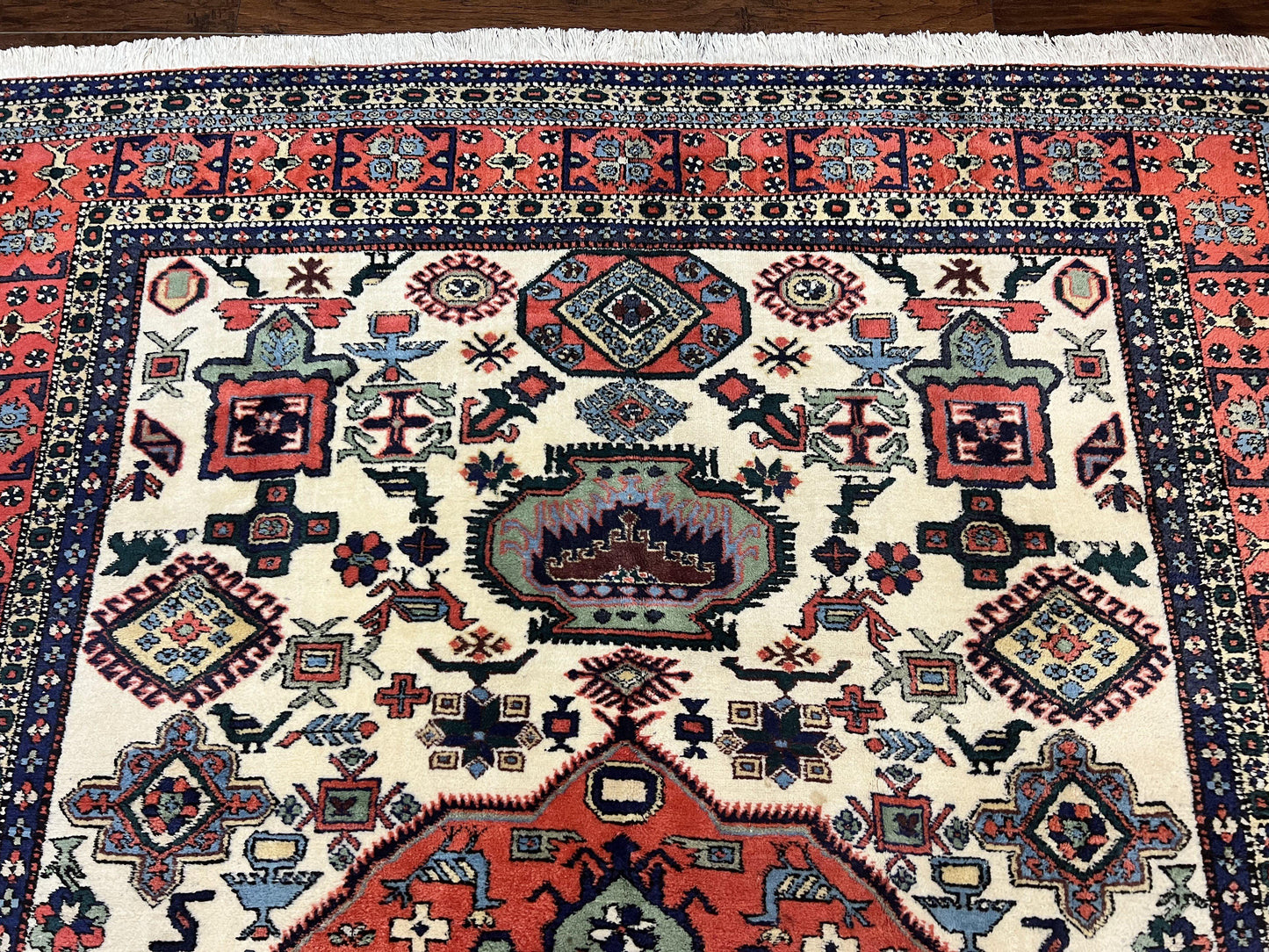 Persian Tribal Rug 8x11, Persian Ardabil Rug, Geometric Medallion Animal Pictorial Rug, Ivory Red Blue, Hand Knotted Vintage Wool Carpet - Nuvé