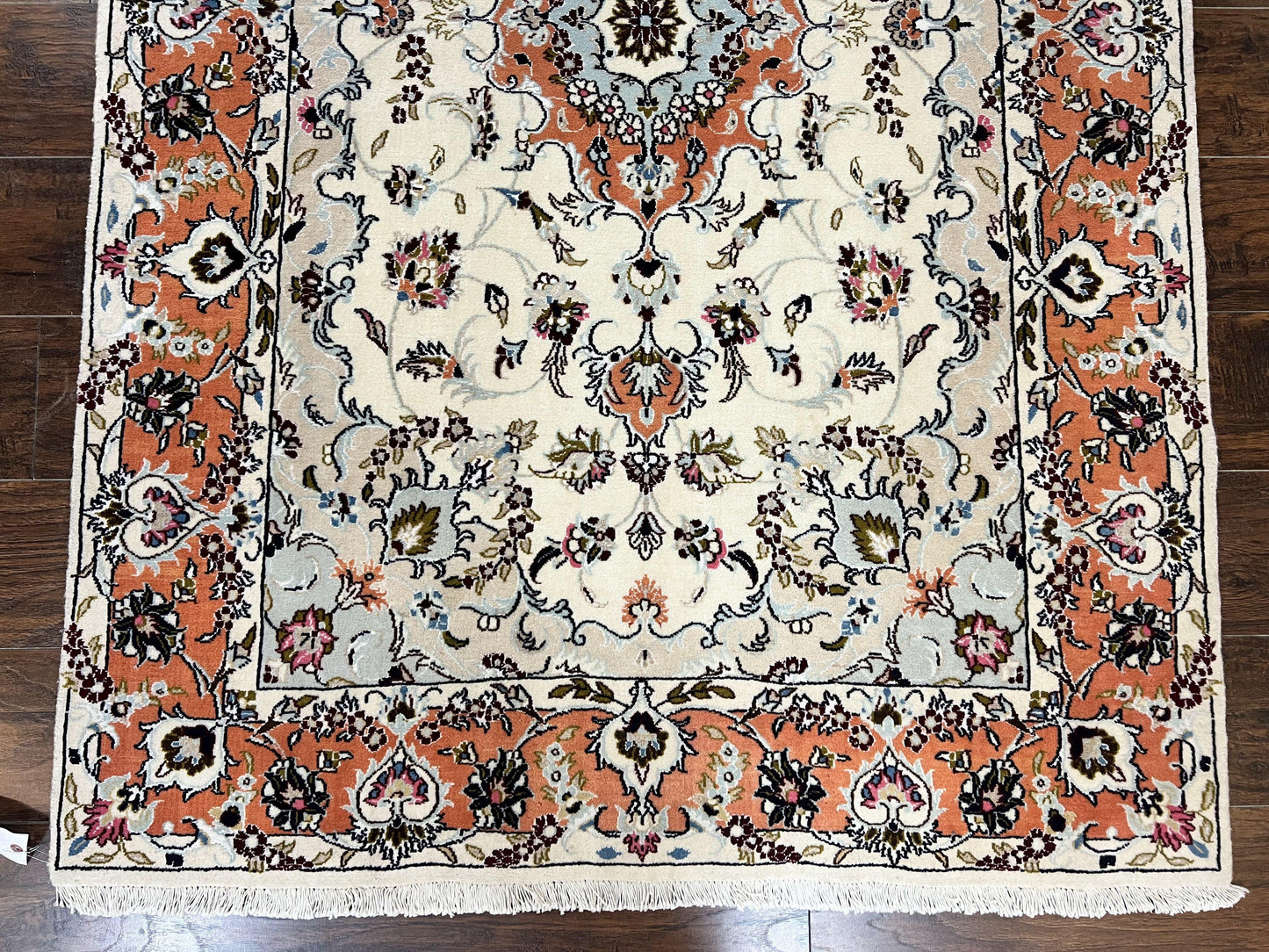 Persian Tabriz Rug 4.5 x 6.8, Finely Hand Knotted Wool with Silk Highlights Vintage Oriental Carpet, Cream and Salmon, High KPSI, Floral Medallion - Nuvé