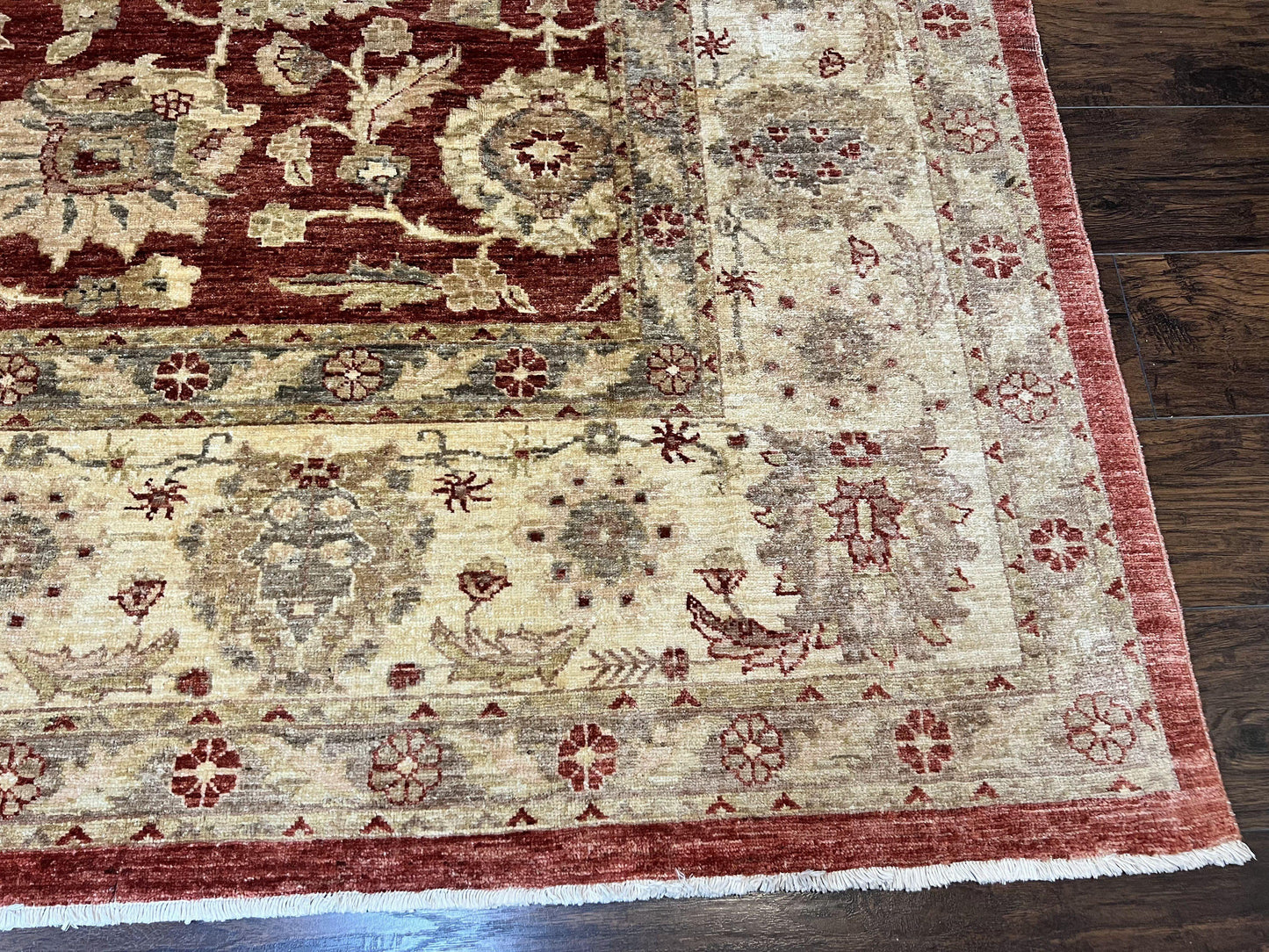 Pak Persian Rug 10x14, Sultanabad Mahal Peshawar Chobi Carpet, Large Vintage Wool Oriental Rug, Maroon & Beige, Floral Allover, Handmade - Nuvé