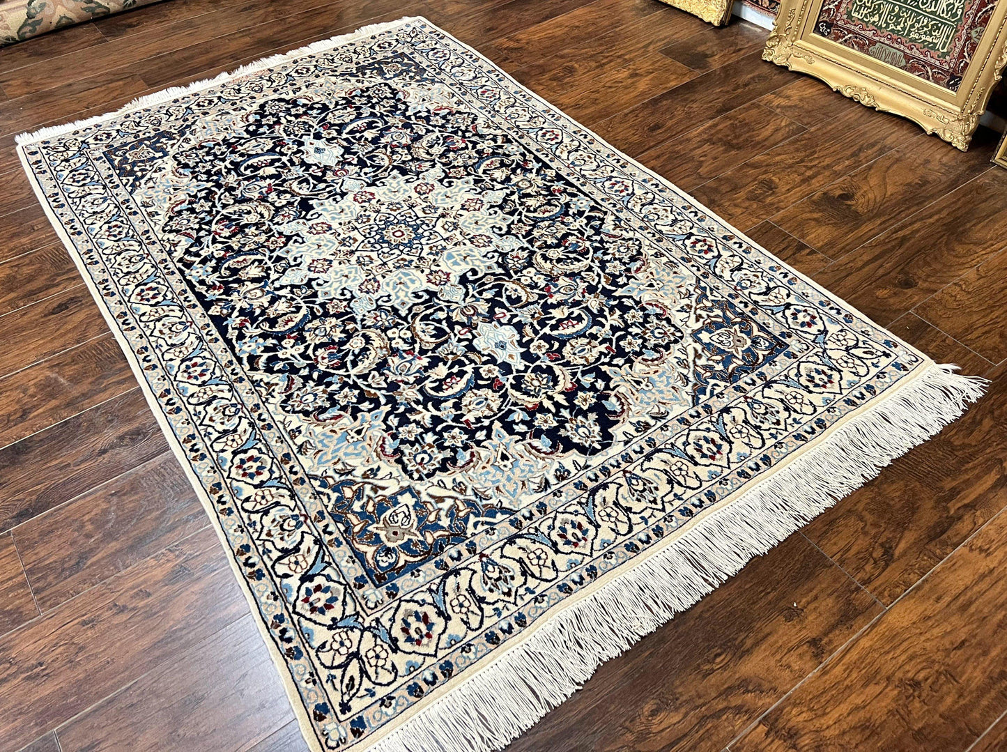 Persian Nain Rug 4x6, Floral, Hand Knotted Vintage Wool & Silk Highlights, Signature from Masterweaver, Navy Blue and Ivory - Nuvé