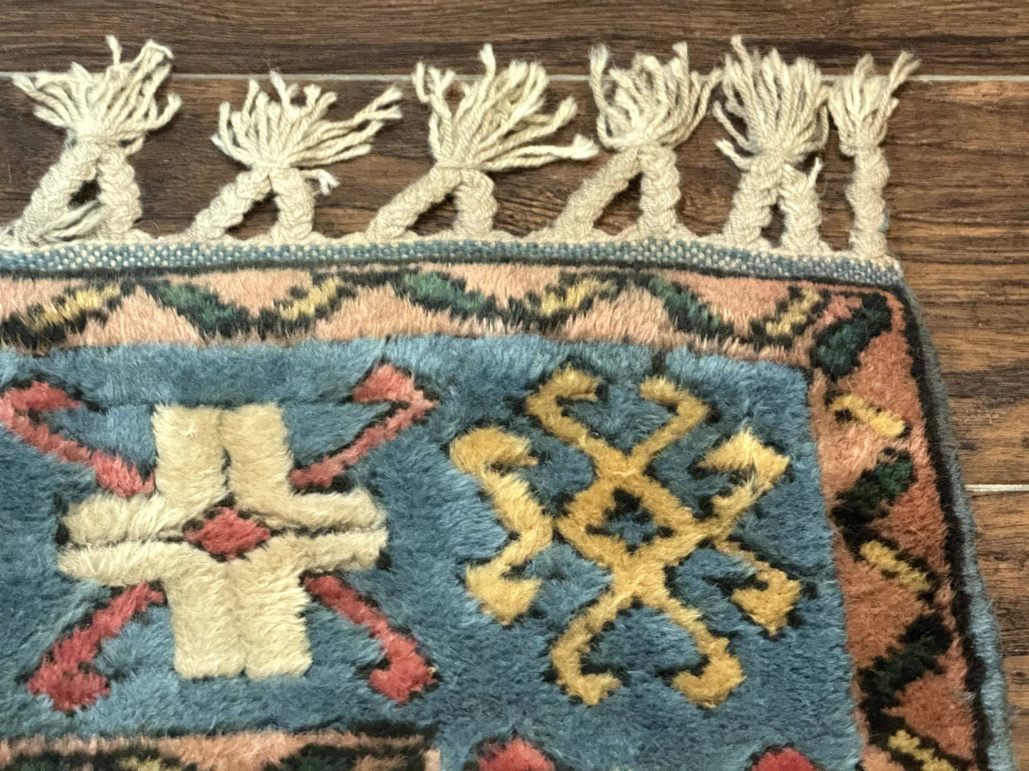 Turkish Kazak Runner Rug 3x11, Cream and Light Blue, Vintage - Nuvé