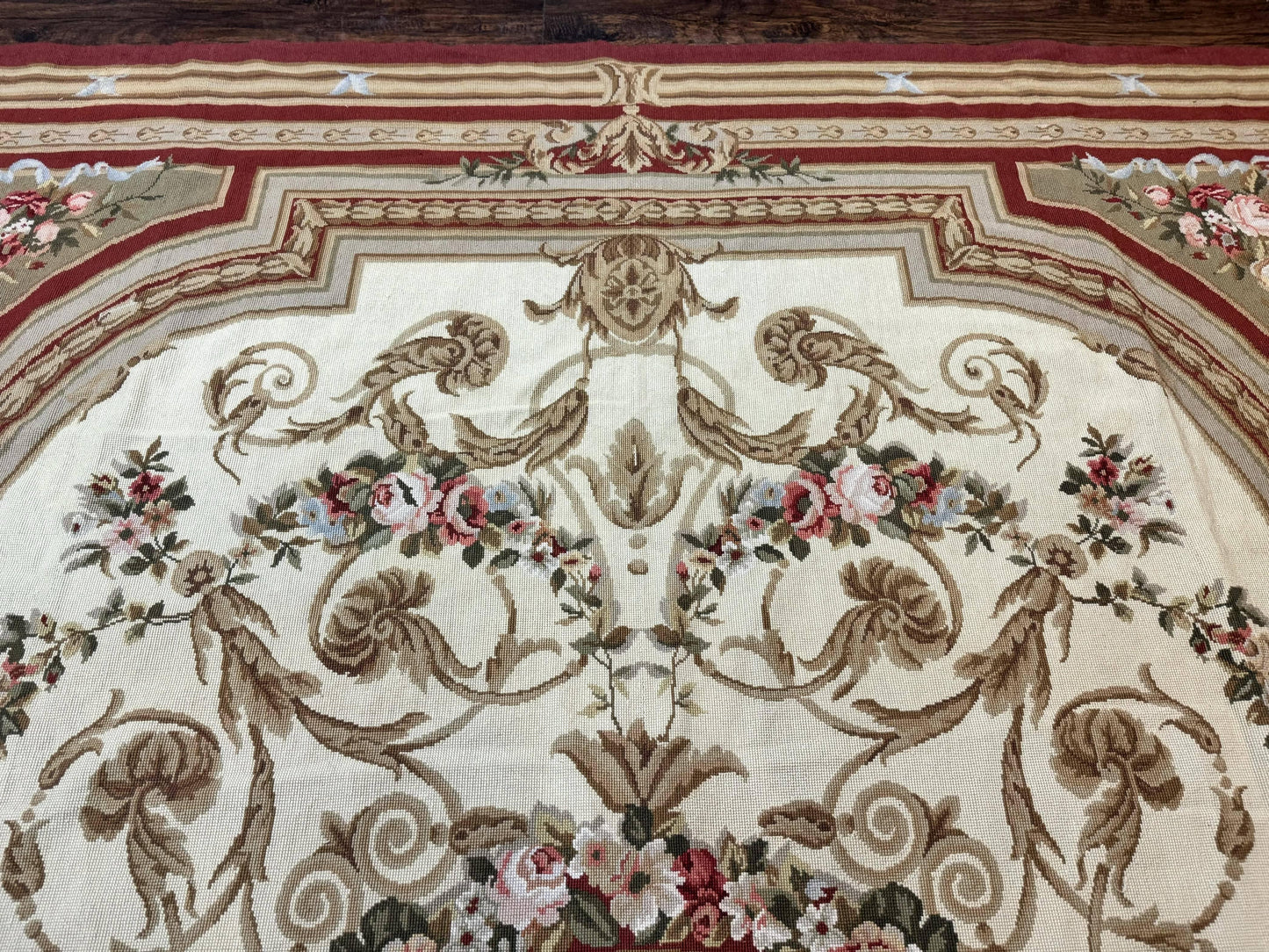 Aubusson Needlepoint Rug 9x11, Handmade Vintage Wool Flatweave Carpet, Elegant European Rug, Floral, Cream - Nuvé
