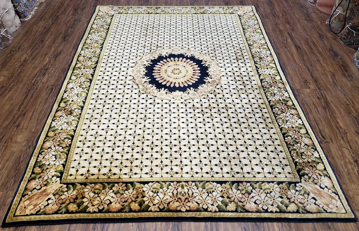 Indian Rug with Tibetan Weave, 6x8 - 6x9 Rugs, Indo-Tibetan Rug, Black and Cream Beige Tan, Floral Border, Soft Rug, Handmade Area Rug, Wool - Nuvé