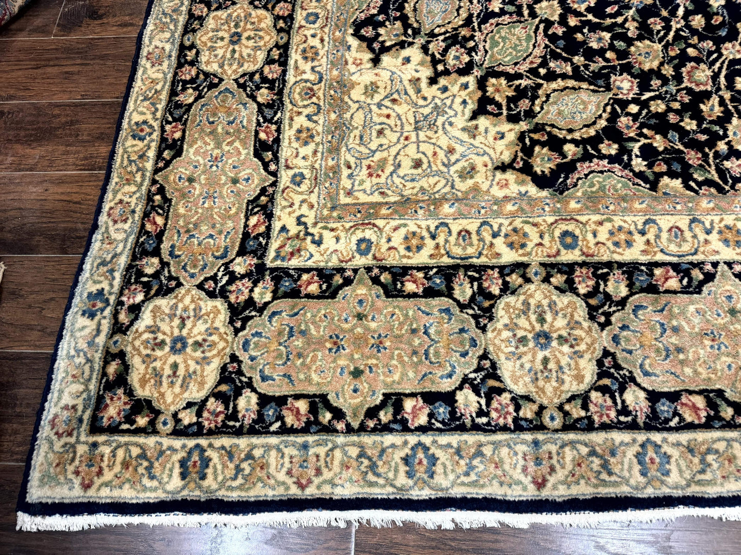 Large Persian Kerman Rug 10x14, Navy Blue and Beige, Floral Medallion, Traditional Elegant Persian Carpet, Signed by Masterweaver - Nuvé