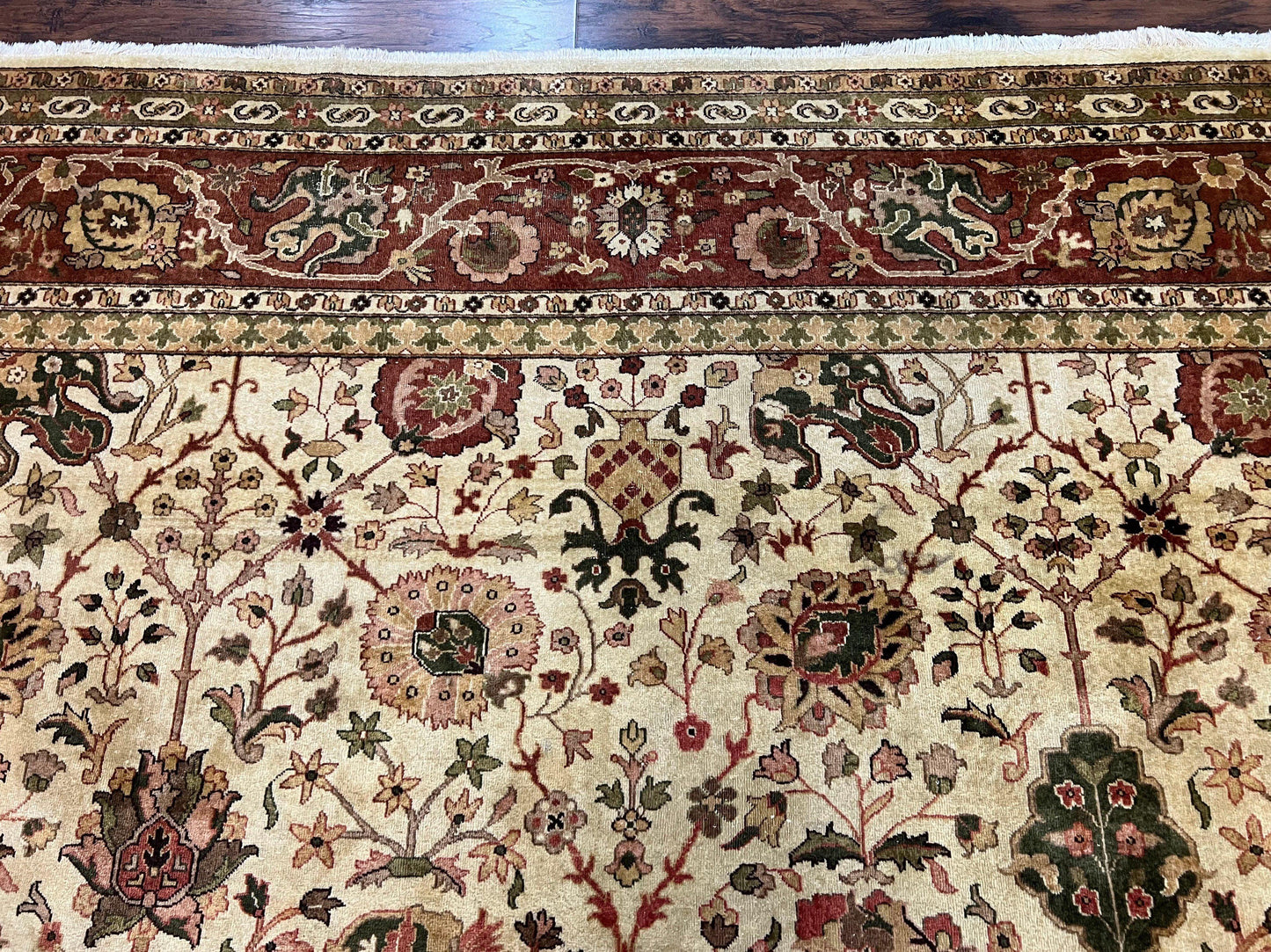 Large Indian Rug 10x14, Hand Knotted Indo Persian Gandehar Oriental Carpet, Vintage Wool Rug 10 x 14 ft Cream Red Floral Allover Traditional - Nuvé