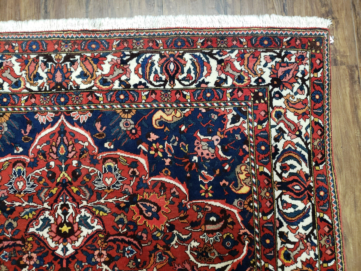 Semi Antique Persian Bakhtiari Rug, Hand-Knotted, Wool, Red, Midnight Blue, Ivory, Floral Medallion, 5'1" x 8' 6" - Nuvé