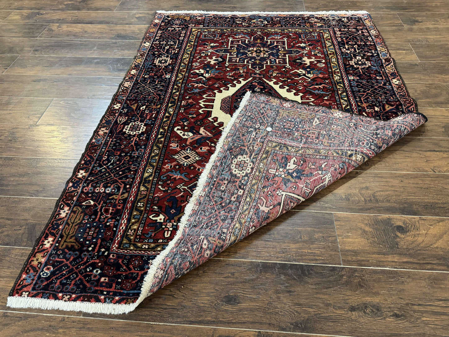 Persian Karajeh Rug 5x6, Antique Heriz Carpet, Geometric, Persian Tribal Rug, Brick Red Navy Blue - Nuvé
