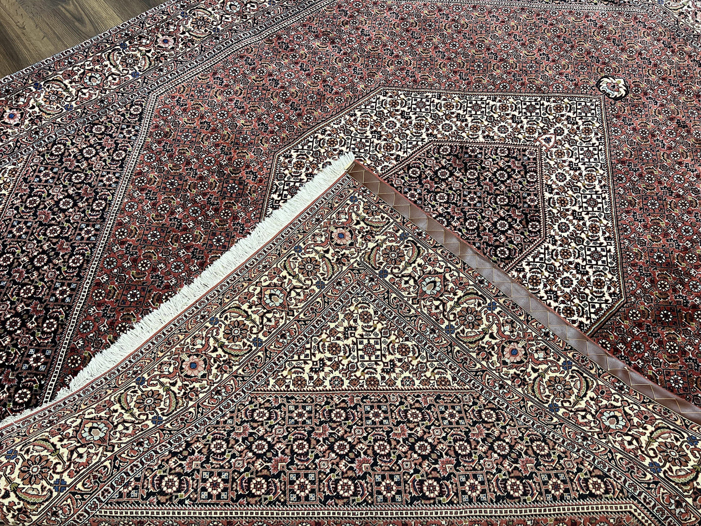 Wonderful Persian Bidjar Rug 7x8 ft, Almost Square Oriental Carpet, Herati Mahi, Highly Detailed, Ivory Red Navy Blue, Very Fine Handmade Bijar Rug - Nuvé