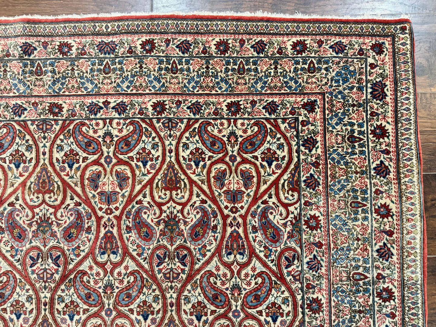 Unique Persian Qum Rug 5x7, Repeated Paisely Boteh Design, Ivory Red Blue, Handmade Antique Wool Persian Carpet, Finely Hand Knotted - Nuvé