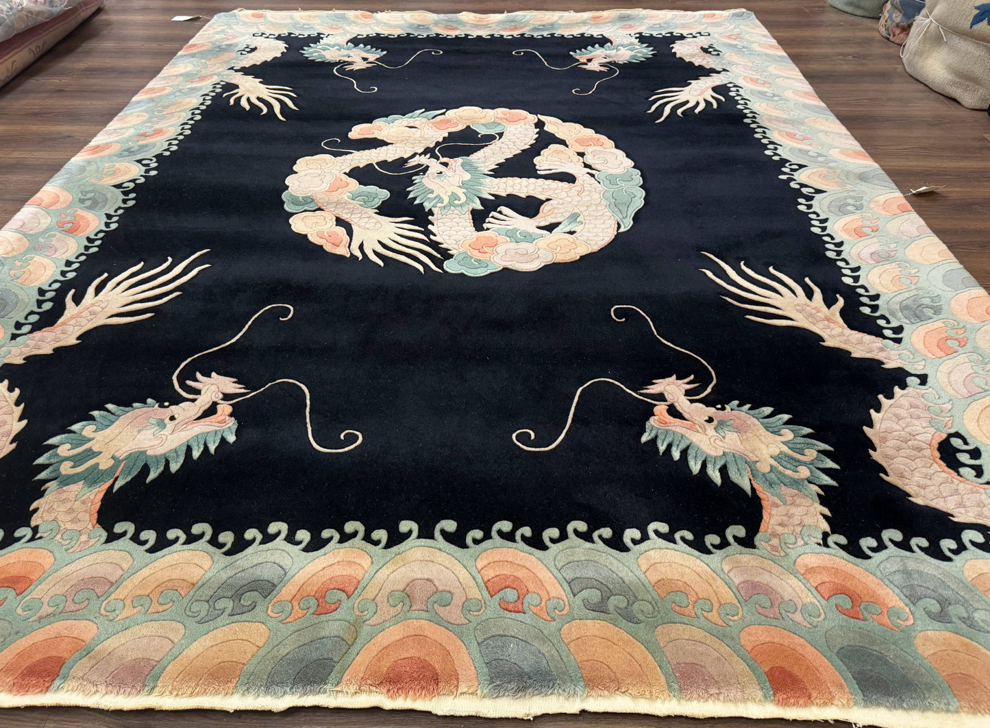 Black Chinese Wool Rug 8x10 with Dragons, Rainbow Borders, Rare - Nuvé