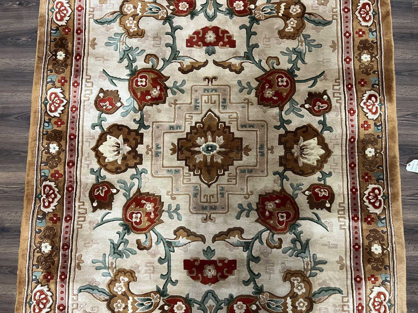 Chinese Wool Rug 5.9 x 9, Tan and Brown Asian Art Deco Carpet, Vintage 1960s Oriental Rug, Hand-Knotted Rug, Soft Wool, Medallion, Pair B - Nuvé