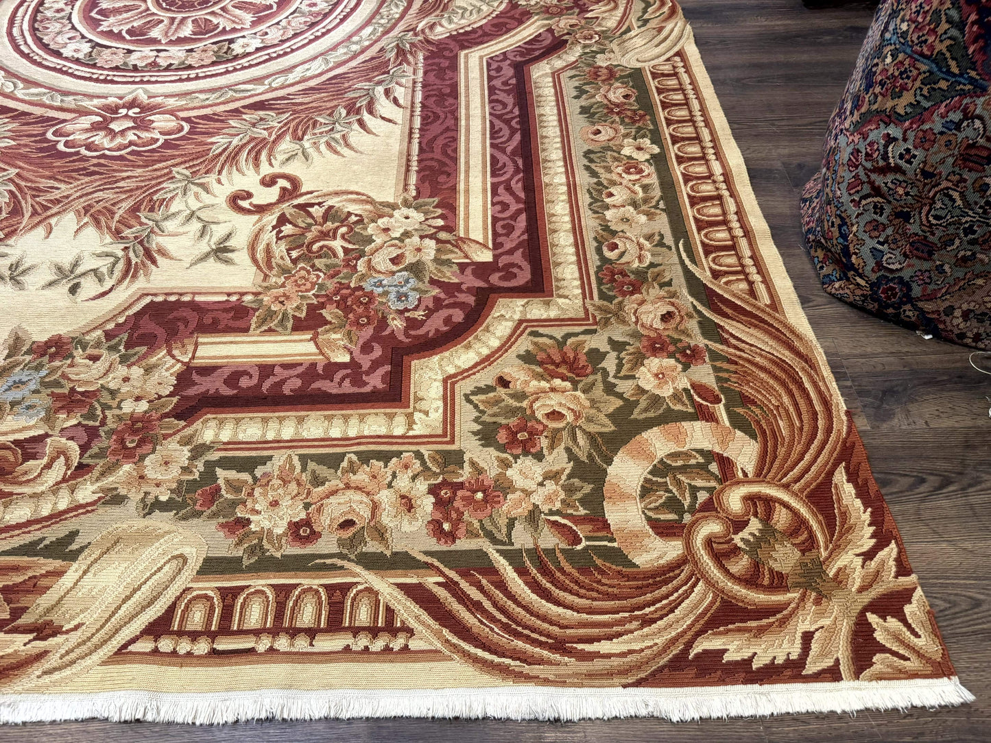 Large Aubusson Rug 10x13, Thick Flatweave Carpet, Elegant European Design, Cream and Raspberry - Nuvé
