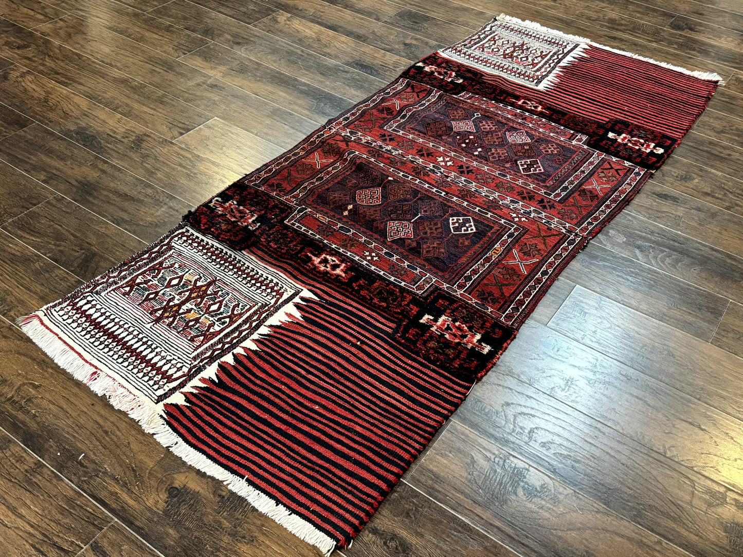 Persian Tribal Nomadic Saddle Cover Rug, Antique, Handmade, Wool, Red Ivory Black, Collectible, Shashavan - Nuvé