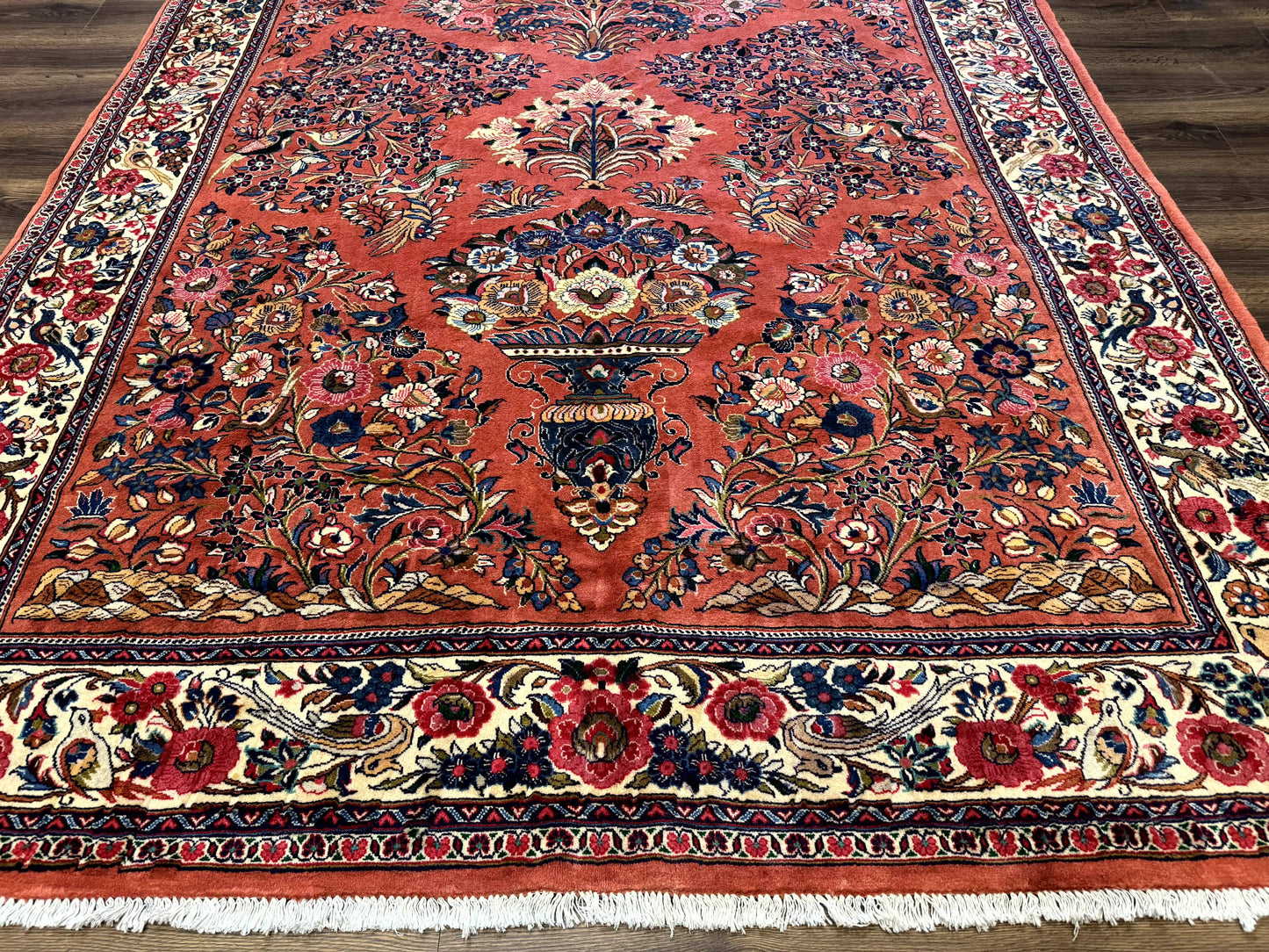 Persian Sarouk Rug 7x10, Red and Ivory, Floral Bouquets, Birds - Nuvé