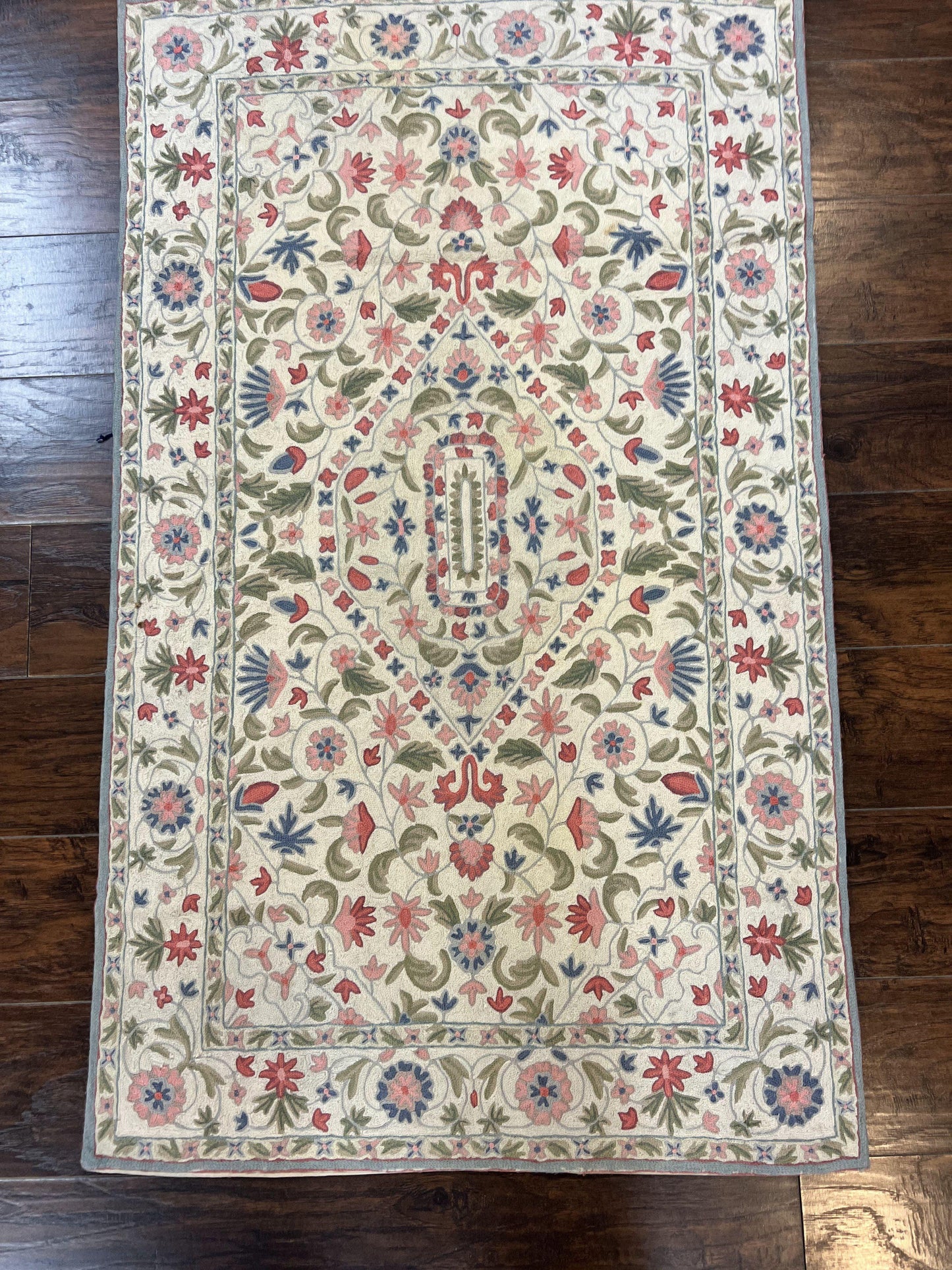 Hand Stitched Indian Rug 4x5, Floral, Vintage Hand Embroidered Rug - Nuvé
