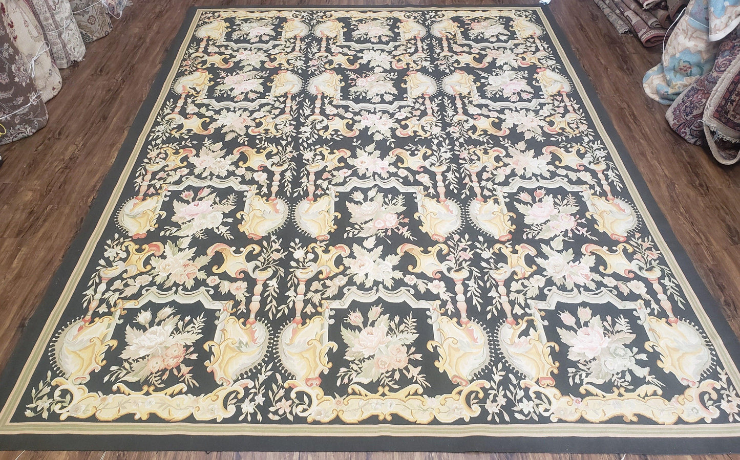 Vintage Black Aubusson Area Rug 8x10, Large Flowers Chinese Aubusson Carpet 7.9 x 10, Wool Hand-Knotted Floral Pattern Flat Weave Rug Nice - Nuvé