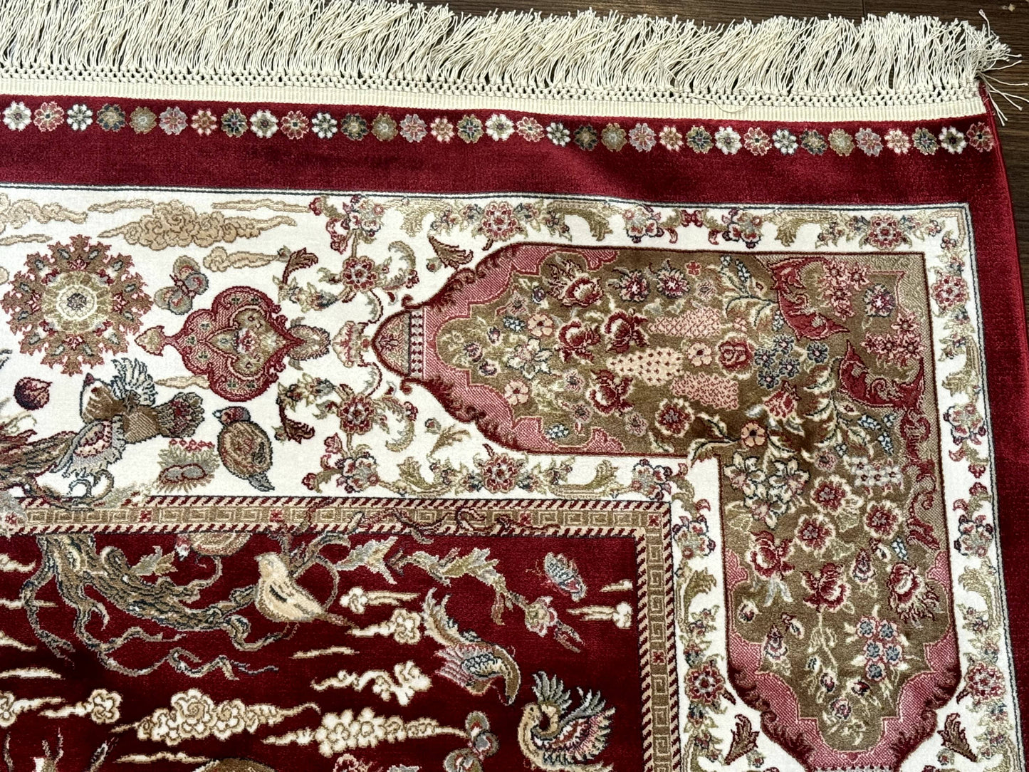 Turkish Silk Hunting Scene Rug 5 x 7.6, Red & Ivory, Bamboo Silk, New - Nuvé
