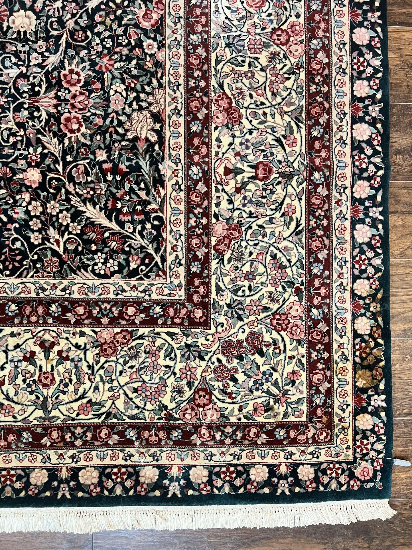 Large Sino Persian Rug 10x14, Wool Hand Knotted Vintage Carpet, Dark Green & Beige, Kirman Floral Rug, Fine Weave, Traditional, Large - Nuvé