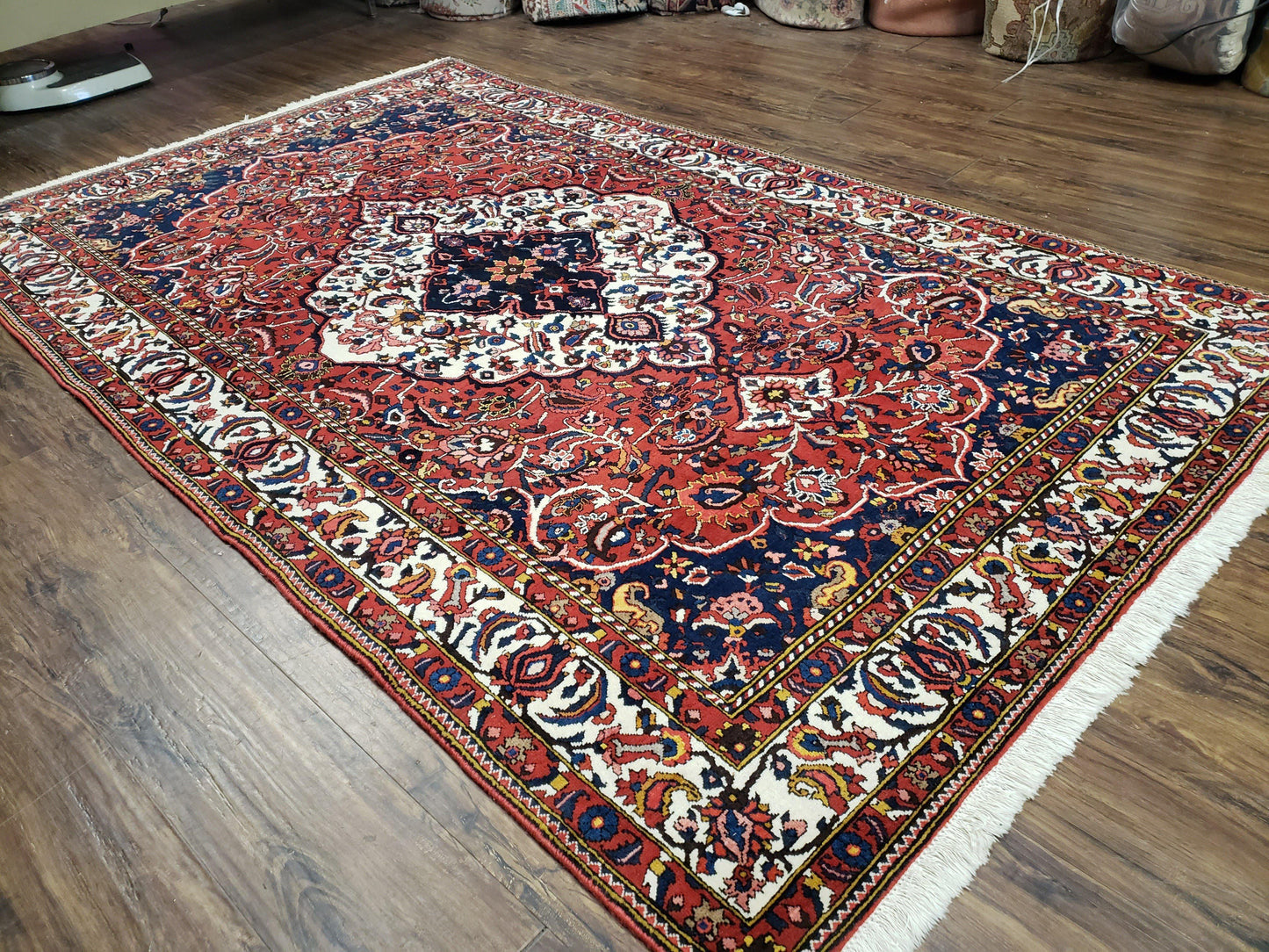 Semi Antique Persian Bakhtiari Rug, Hand-Knotted, Wool, Red, Midnight Blue, Ivory, Floral Medallion, 5'1" x 8' 6" - Nuvé