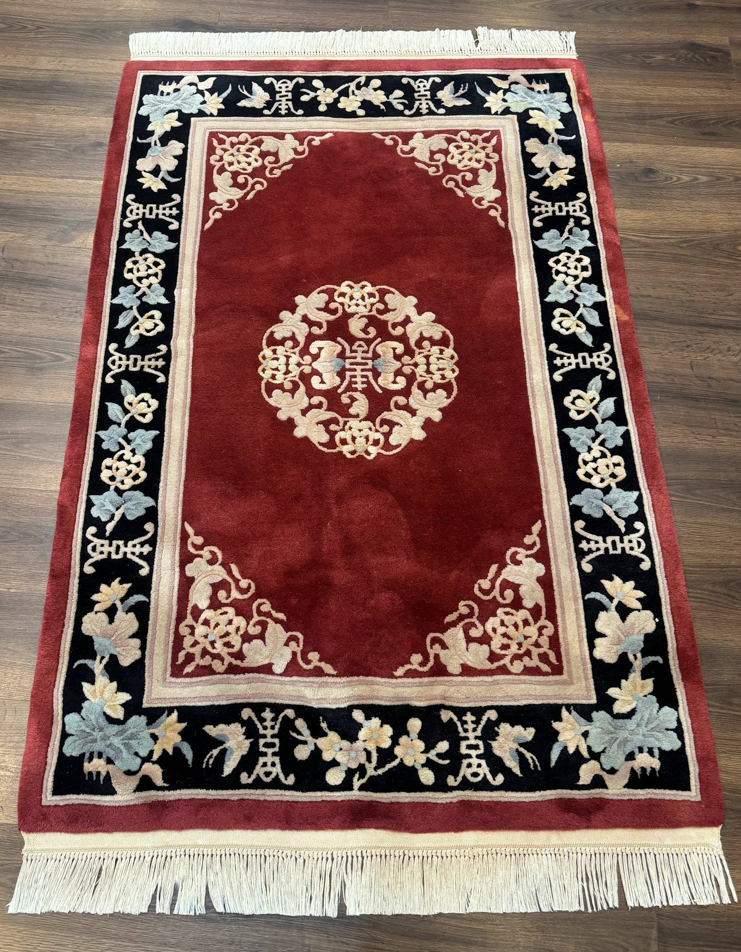 Dark Red Chinese Wool Rug 4x6, Chinese 90 Line Rug, Carving Rug, Handmade, Pair B - Nuvé