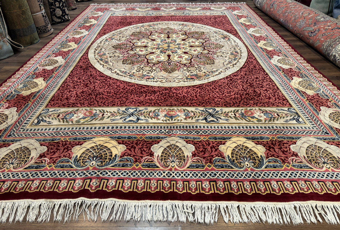 Wonderful Aubusson Rug 10x14, Red Maroon, Elegant, Fine 200 KPSI - Nuvé