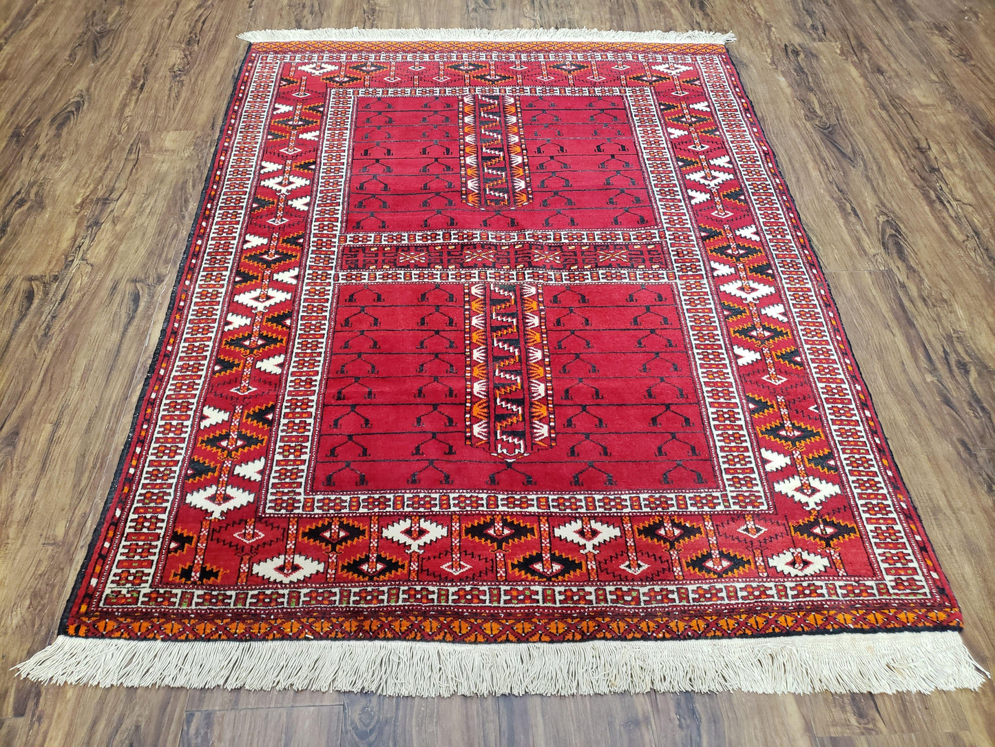 Antique Persian Turkoman Rug 4x5, Hatchli Tekkeh Ersari Red Tribal Rug, Handmade Wool Oriental Carpet, Four Seasons Rug - Nuvé
