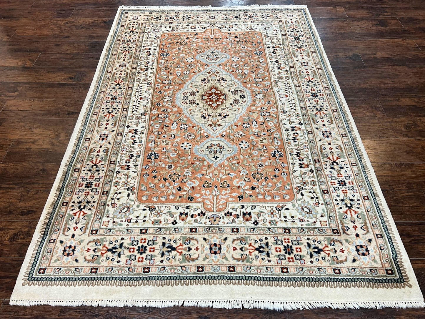 Indo Persian Rug 6x9, Wool Hand Knotted Vintage Carpet, Salmon & Ivory, Traditional Oriental Rug 6 x 9 - Nuvé