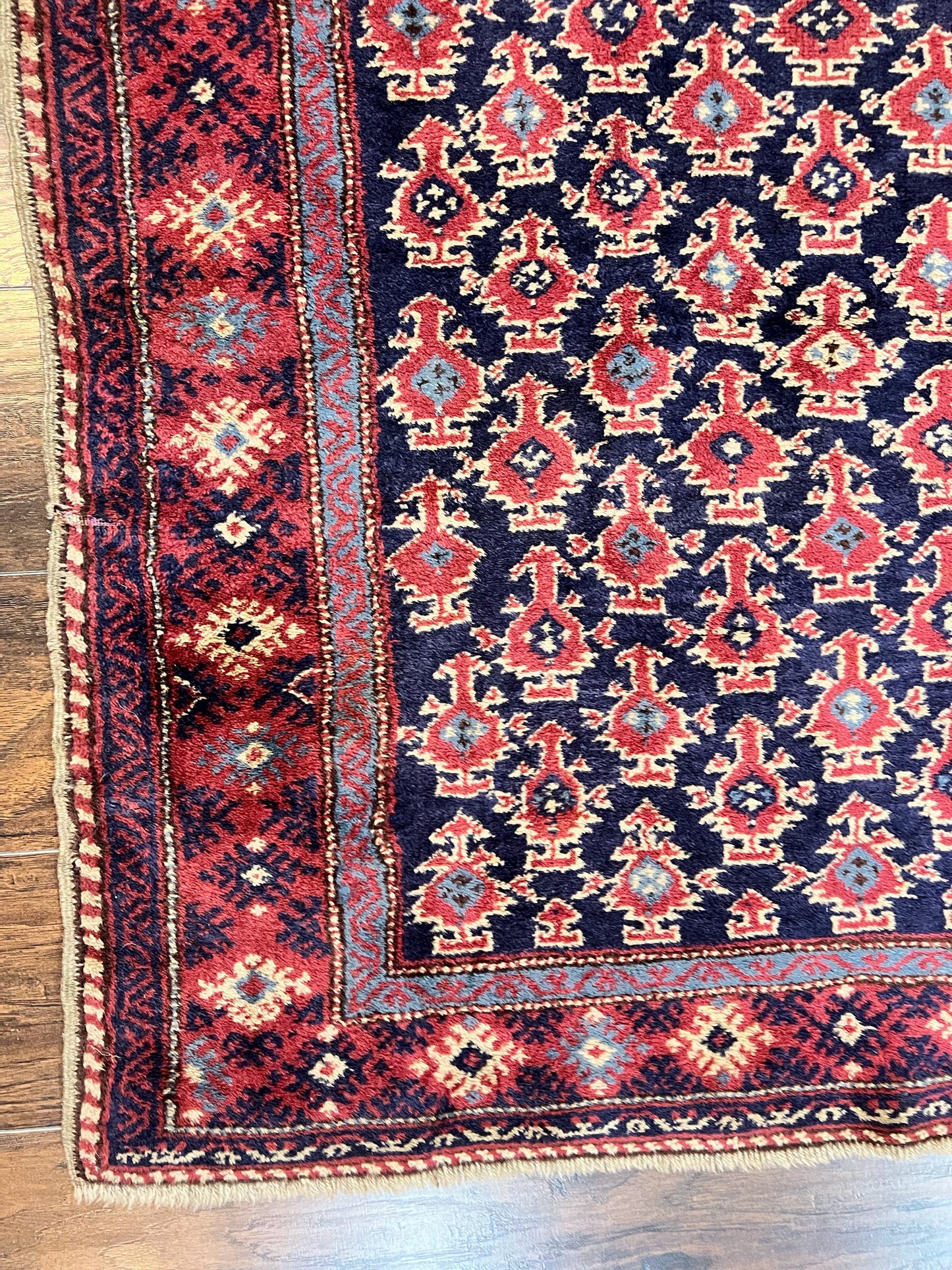 Turkish Sparta Rug 3x4, Allover Pattern, Navy Blue and Red, Antique Ispara Oriental Carpet 3 x 4, Small Turkish Handmade Vintage Wool Rug - Nuvé