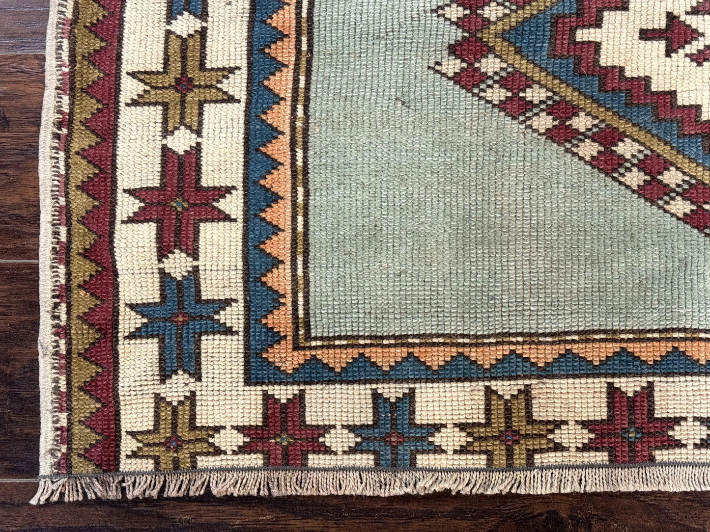 Turkish Kazak Rug 4x6, Geometric Medallion, Caucasian Design Rug, Semi Antique Vintage, Mint Green Maroon Ivory - Nuvé