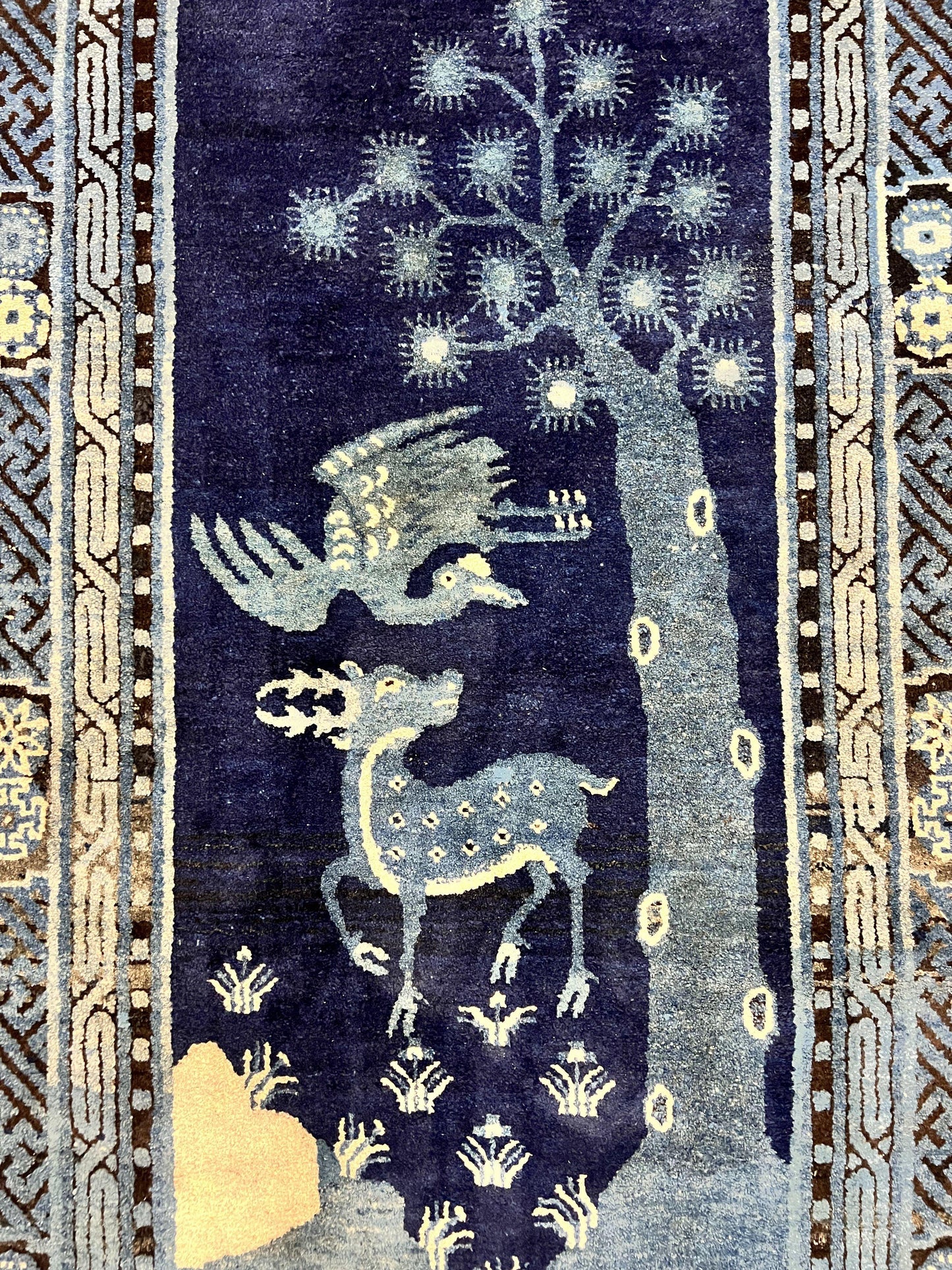 Antique Chinese Peking Rug 3x5, Dark Blue Chinese Wool Rug 3 x 5, Animal Pictorials Deer Birds, Handmade Asian Oriental Chinese Carpet - Nuvé