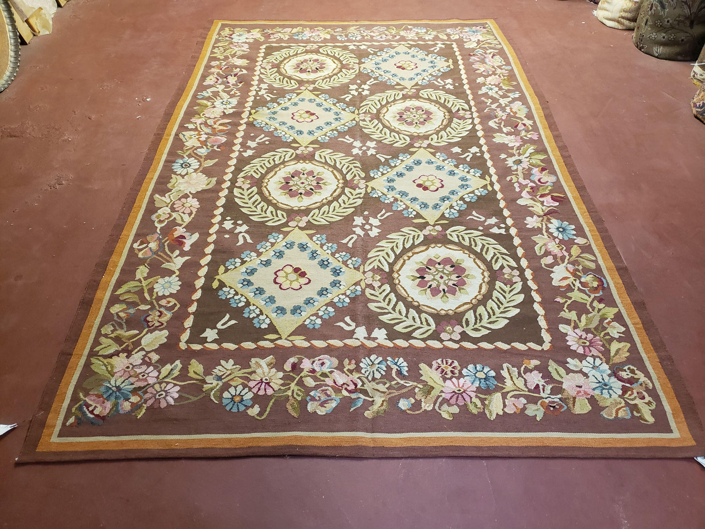Aubusson Rug 6 x 9 Flat Weave Area Carpet European Design Flowers New Brown Rug Handmade Wool Hand-Knotted Aubusson Weave Medium Rug 6x9 - Nuvé
