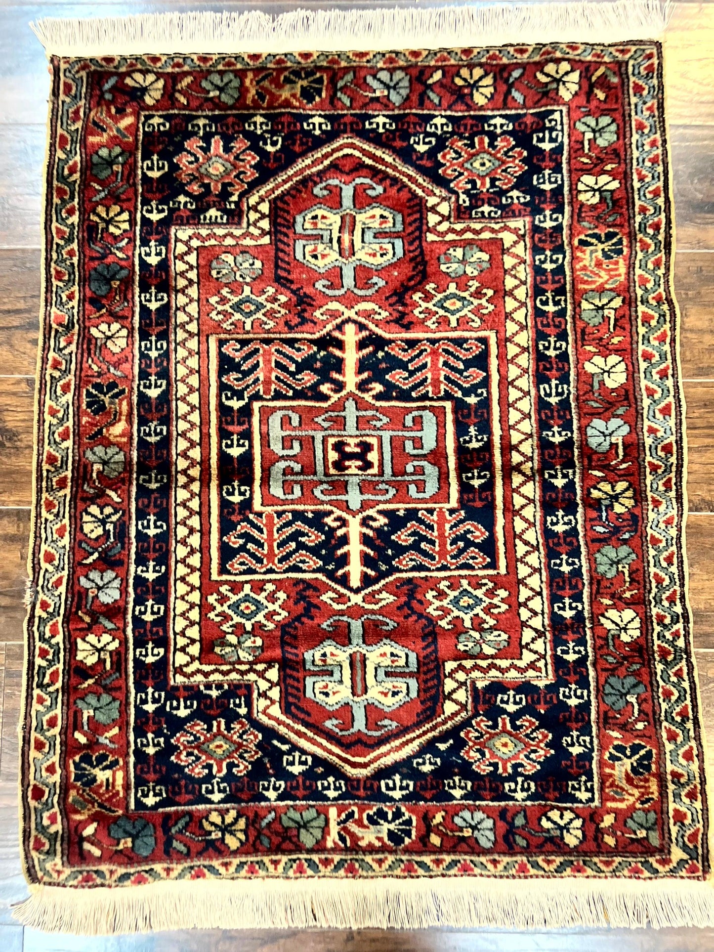 Antique Turkish Sparta Rug 3x4, Geometric Caucasian Pattern, Vintage Handmade Tribal Wool Carpet - Nuvé