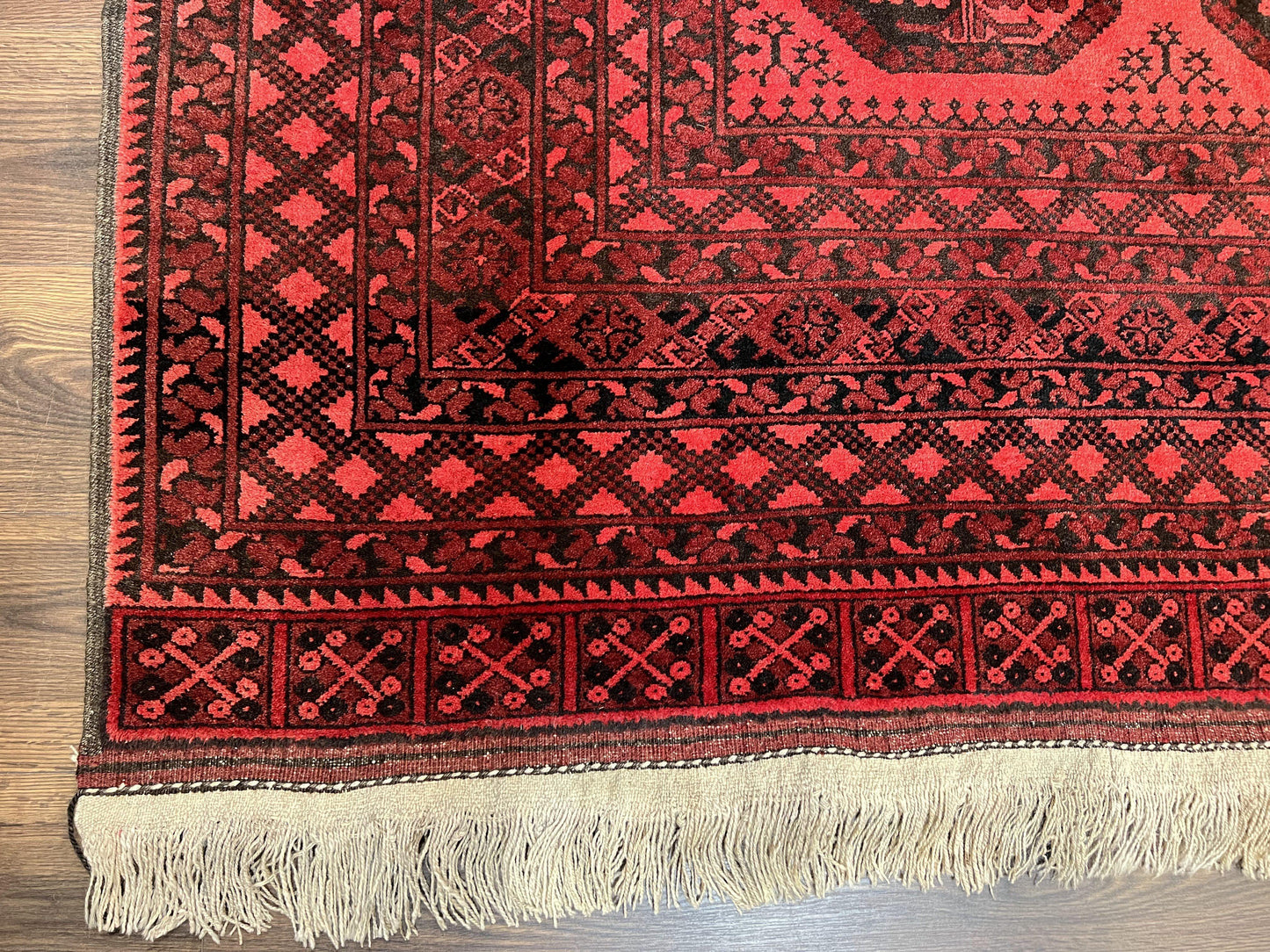 Afghan Turkoman Rug 7x10, Vintage Yamud Beshir Bokhara Carpet, Red and Black Bukhara Hand-Knotted Oriental Wool Handmade Rug, Elephant Foot - Nuvé