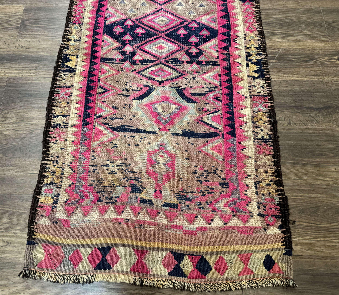 Turkish Runner Rug 3x10, Pink and Navy Blue, Bohemian Runner for Hallway or Kitchen, Vintage, Geometric, Tribal - Nuvé