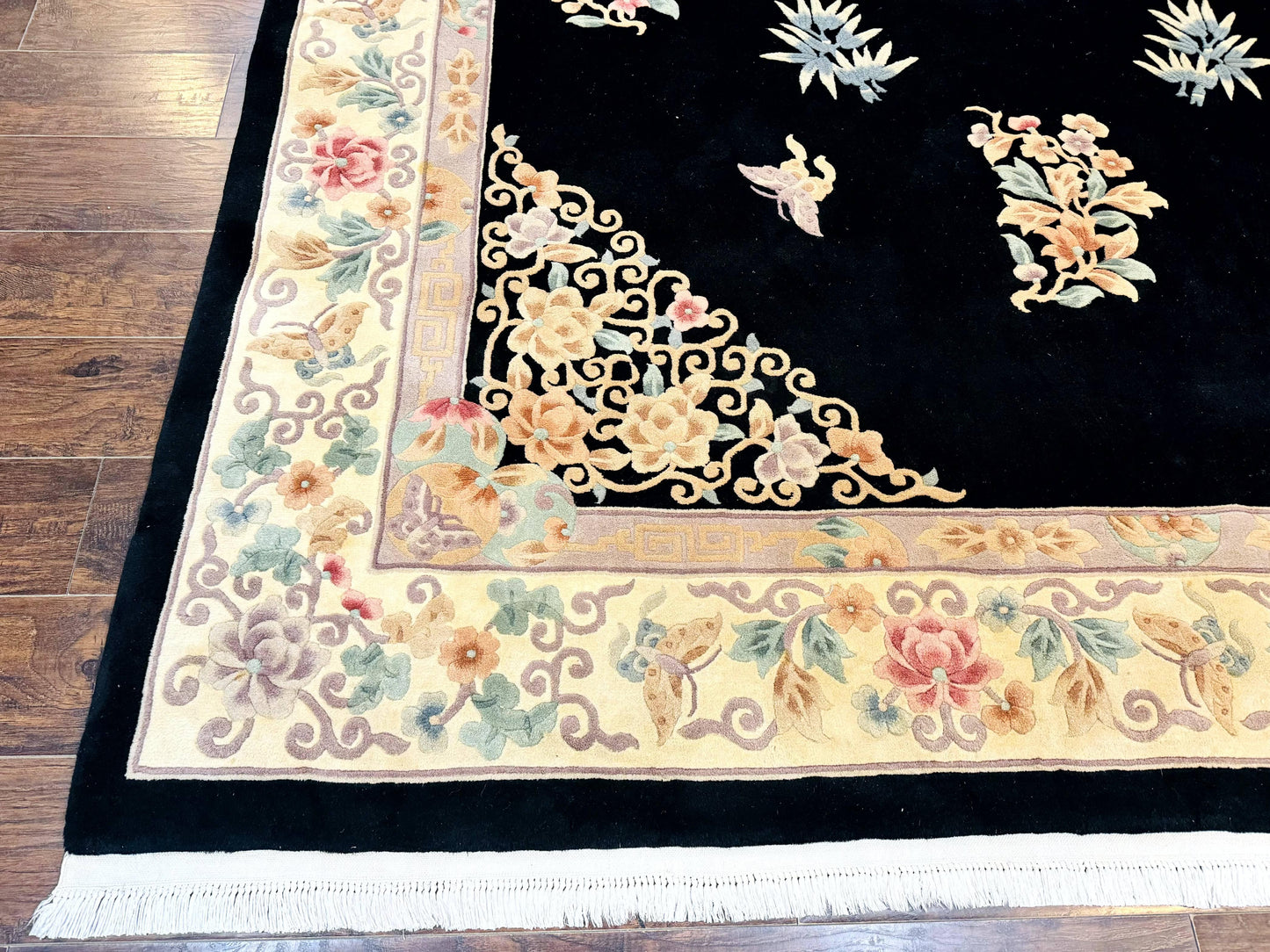 Chinese Wool Rug 9x12, Chinese Carving Carpet, Floral Medallion, Black and Beige, Butterflies, Vintage Asian Oriental Rug, 90 Line Rug - Nuvé