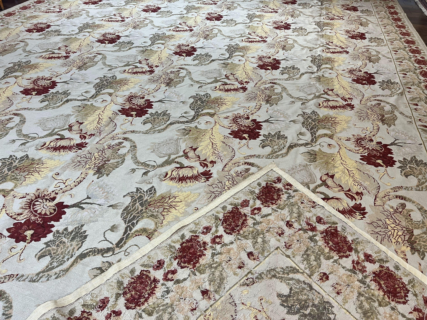 Extra Large Needlepoint Rug 14 x 20, Vintage Handwoven Handmade Wool Flatweave Carpet, Allover Floral Pattern, Elegant European Deisgn Rug - Nuvé