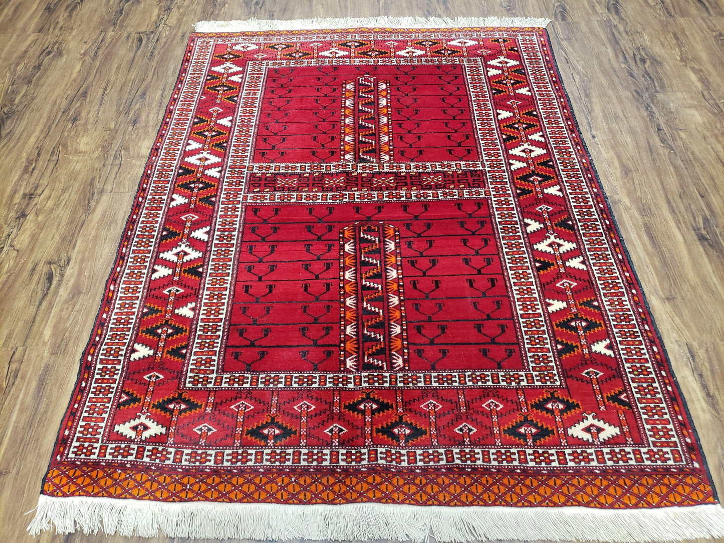Antique Persian Turkoman Rug 4x5, Hatchli Tekkeh Ersari Red Tribal Rug, Handmade Wool Oriental Carpet, Four Seasons Rug - Nuvé