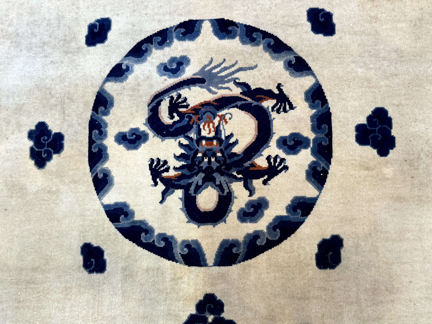 Chinese Dragon Peking Rug 8 x 11.6, Ivory and Blue, Chinese Wool Rug, Vintage - Nuvé