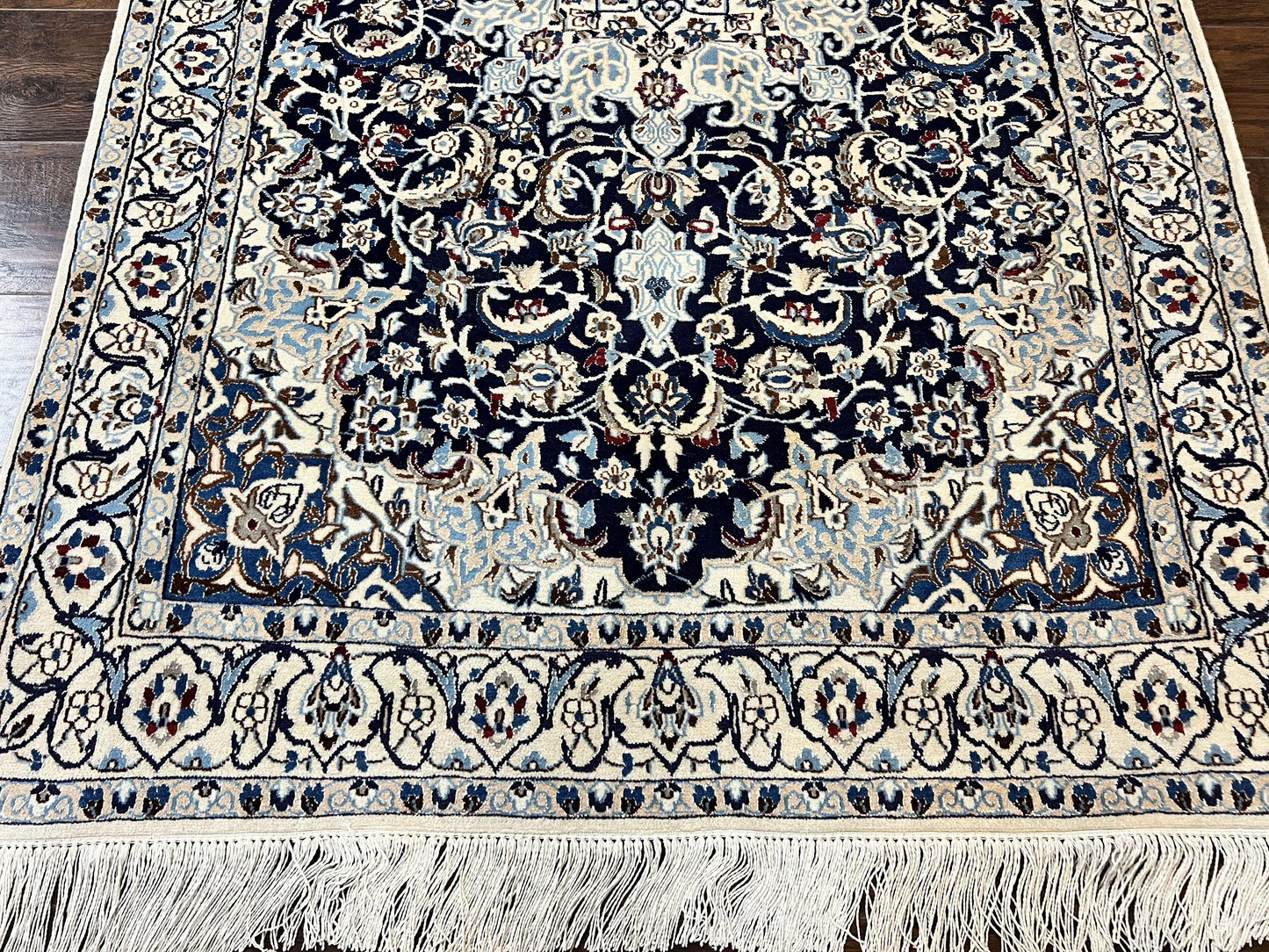 Persian Nain Rug 4x6, Floral, Hand Knotted Vintage Wool & Silk Highlights, Signature from Masterweaver, Navy Blue and Ivory - Nuvé