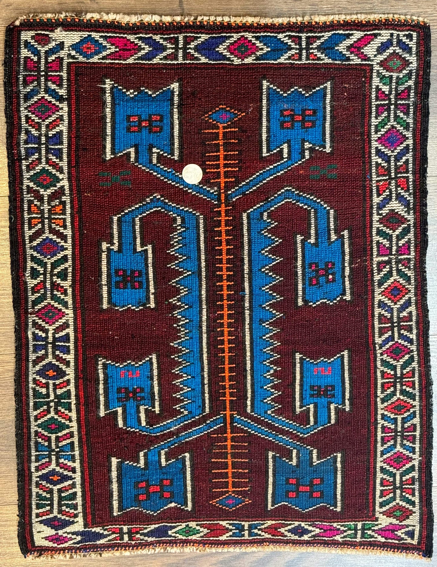 Persian Tribal Rug 1.8 x 2, Small Balouchi Rug, Unique Design, Burgundy and Blue - Nuvé