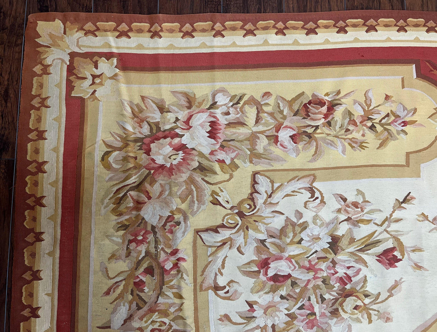 Aubusson Rug 9x12, Elegant Flatweave Savonnerie Carpet 9 x 12 ft, Ivory Light Yellow Red, Handmade Wool Flatweave French European Rug - Nuvé