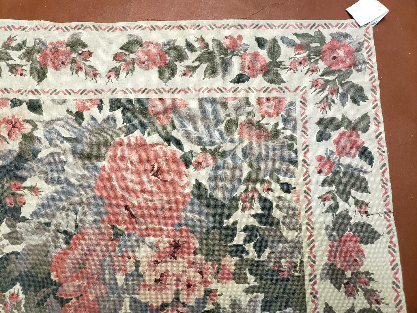 5x8 Needlepoint Rug 5' 4" x 8' 3" Wool Flat Weave Floral New Unused Carpet English Design Ivory Large Pink Flowers Green Leaves Hand-Knotted - Nuvé