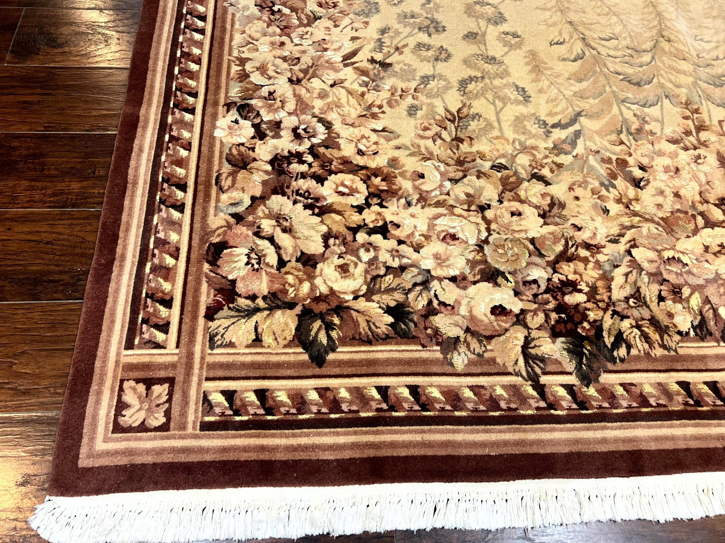 Aubusson Wool Rug 9x11, Wool with Silk Highlights, European Design, Vintage, Handmade, Floral, Fine 210 KPSI - Nuvé