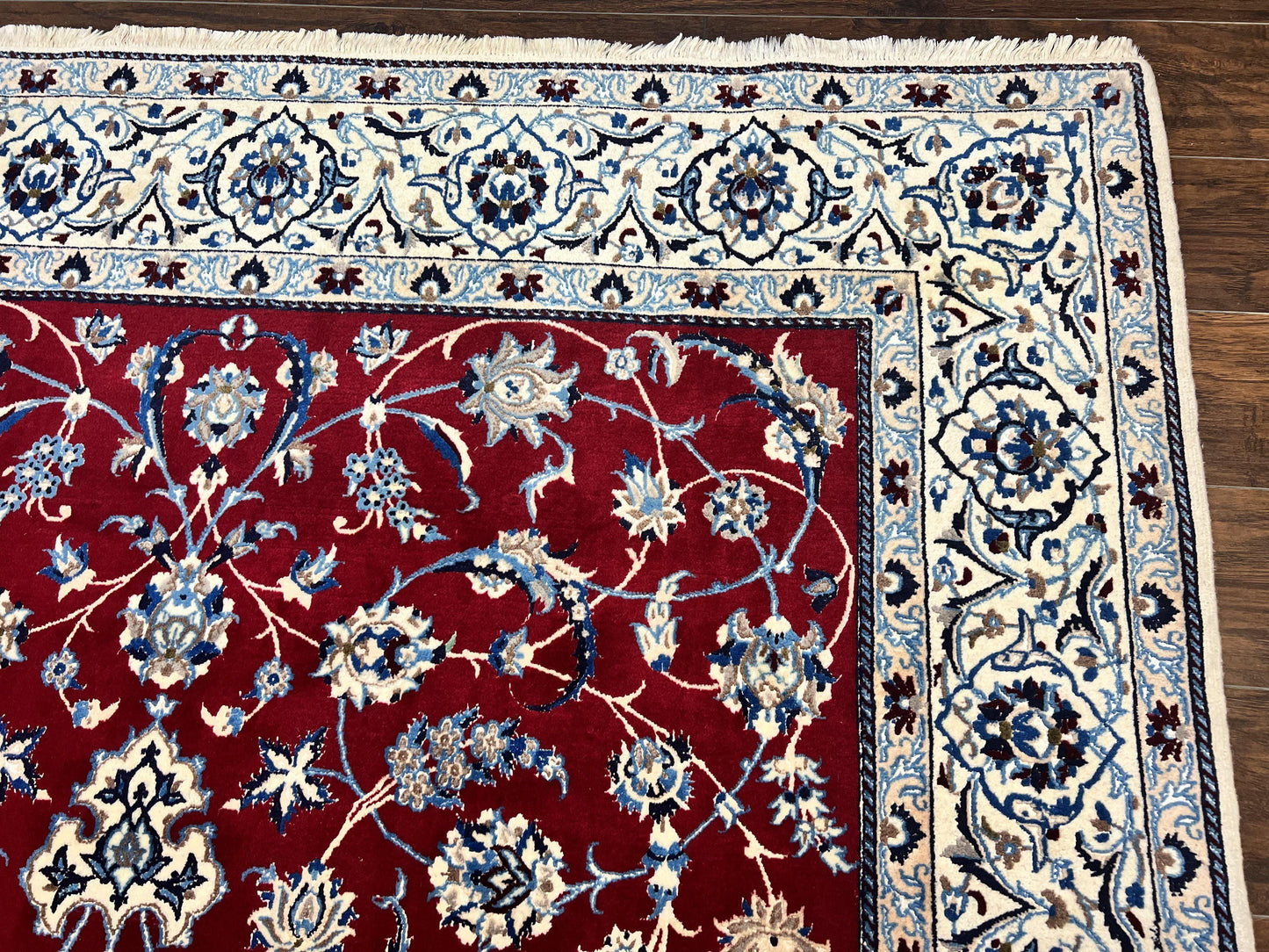 Persian Nain Rug 6x10, Wool and Silk Highlights, Red and Ivory, Floral Medallion, Vintage Handmade Hand Knotted, Fine 225 KPSI, Traditional Rug - Nuvé