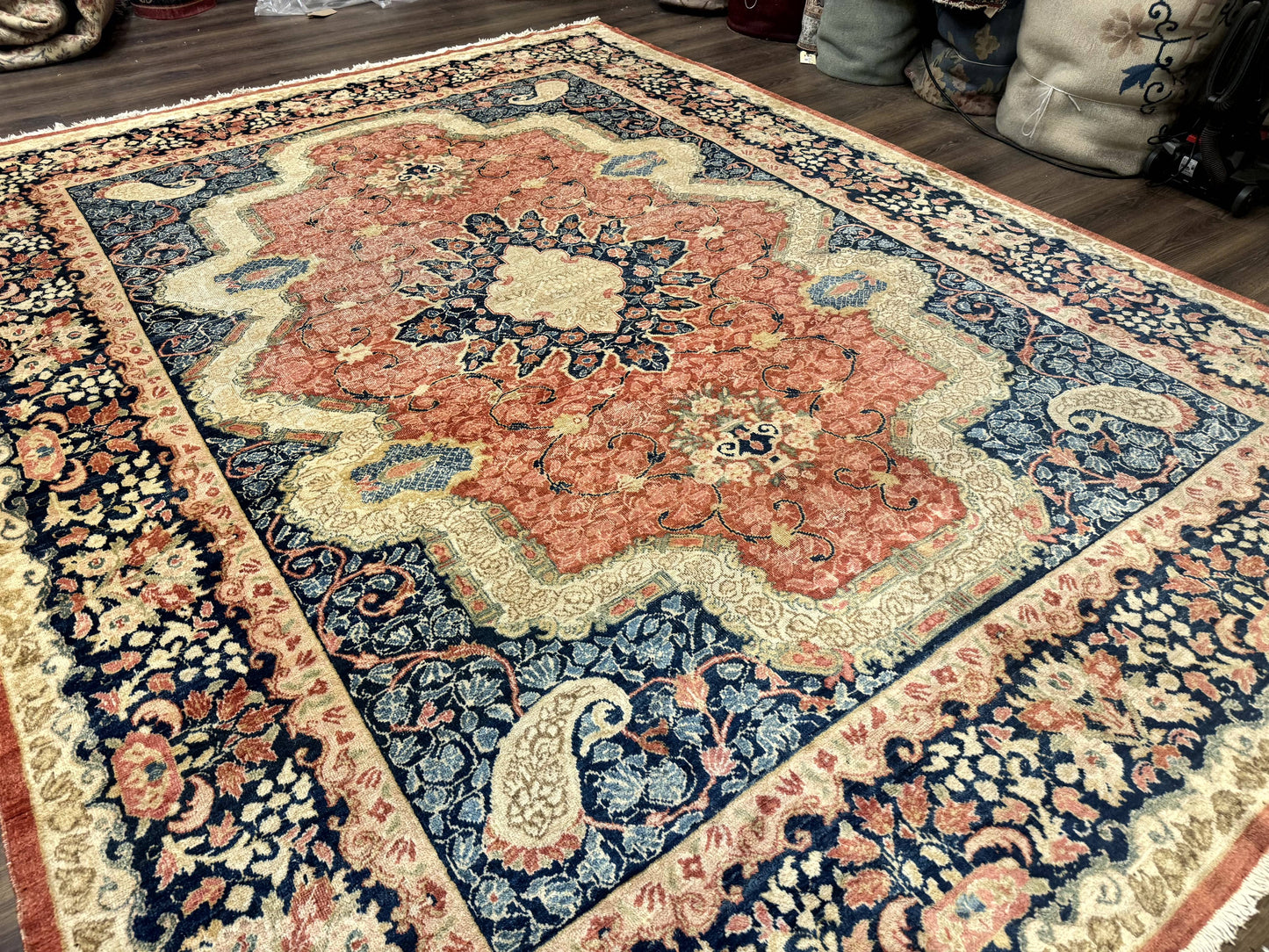 Antique Persian Sarouk Rug 9x12, Boteh Paisleys, Light Red Navy Blue - Nuvé