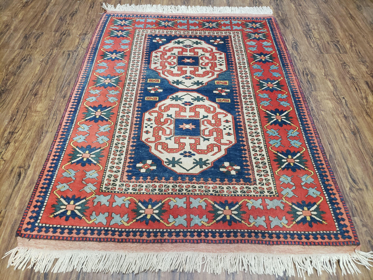 Turkish Kazak Rug 5x6 Vintage Handmade Wool Carpet Geometric Blue Red - Nuvé