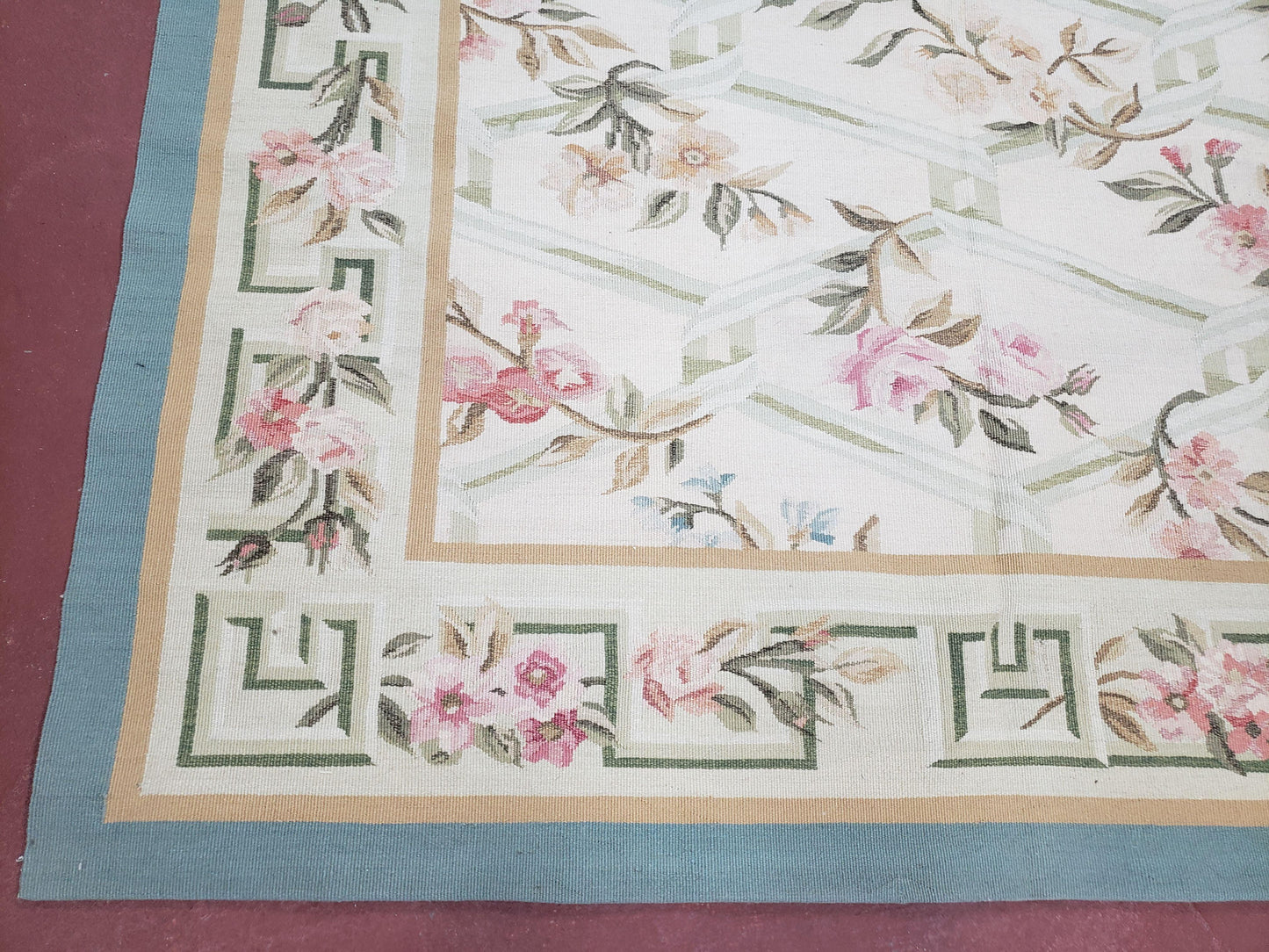 Vintage Aubusson Area Rug, Aubusson Flat weave Carpet, Floral Geometric Pattern, Beige Teal Green, 4x6 Rug, European Design - Nuvé