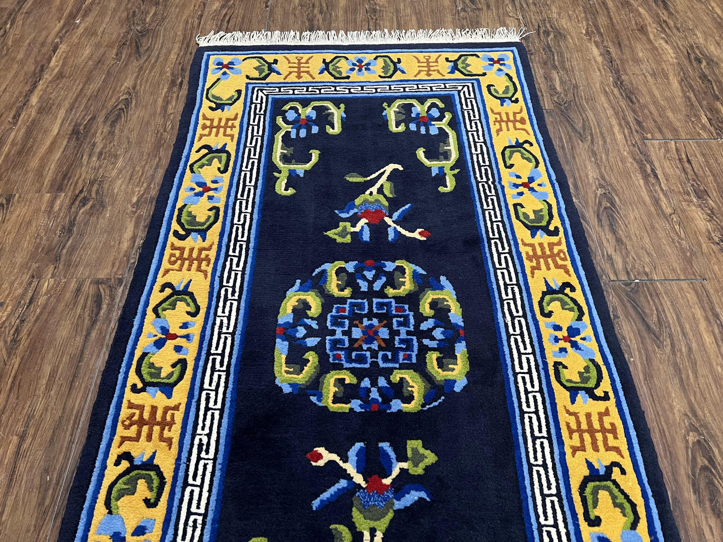 Chinese Art Deco Rug 3 x 5.9, Handmade Chinese Peking Carpet, Dark Blue and Gold, Medallion, Asian Oriental 3x6 Hand Knotted Vintage Rug - Nuvé